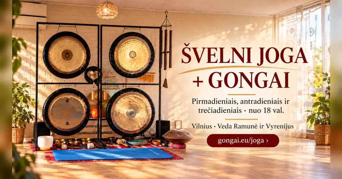 Švelni joga + gongai Vilniuje – 2026 m. spalio 12 d., pirmadienis